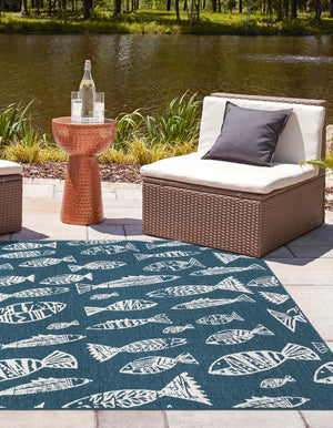 Blue 7' 10 x 7' 10 Outdoor Coastal Square Area Rug Weather Resistant for Patio, Deck, Terrace, Balcony, Porch 100% Polypropylene Coastal Decor Carpet for Sale at Rug Engine