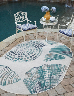 Ivory 4' 1 x 6' 1 Outdoor Coastal Oval Area Rug Weather Resistant for Patio, Deck, Terrace, Balcony, Porch 100% Polypropylene Coastal Decor Carpet for Sale at Rug Engine