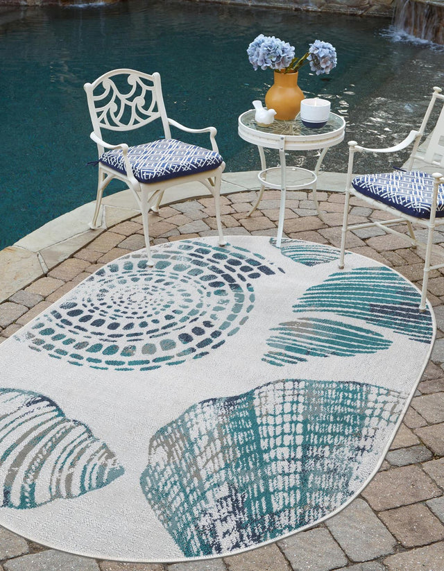 Ivory 4' 1 x 6' 1 Outdoor Coastal Oval Area Rug Weather Resistant for Patio, Deck, Terrace, Balcony, Porch 100% Polypropylene Coastal Decor Carpet for Sale at Rug Engine