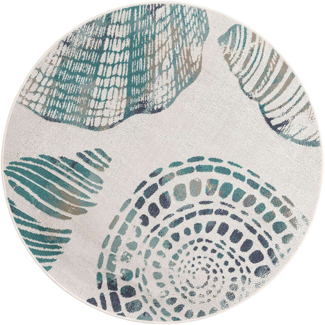 Ivory 5' 3 x 5' 3 Outdoor Coastal Round Area Rug Weather Resistant for Patio, Deck, Terrace, Balcony, Porch 100% Polypropylene Coastal Decor Carpet for Sale at Rug Engine