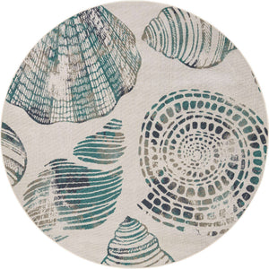 Ivory 7' 10 x 7' 10 Outdoor Coastal Round Area Rug Weather Resistant for Patio, Deck, Terrace, Balcony, Porch 100% Polypropylene Coastal Decor Carpet for Sale at Rug Engine