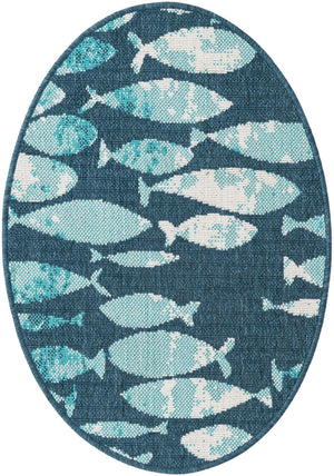 Blue 2' x 3' 1 Outdoor Coastal Oval Area Rug Weather Resistant for Patio, Deck, Terrace, Balcony, Porch 100% Polypropylene Coastal Decor Carpet for Sale at Rug Engine