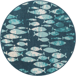 Blue 4' 1 x 4' 1 Outdoor Coastal Round Area Rug Weather Resistant for Patio, Deck, Terrace, Balcony, Porch 100% Polypropylene Coastal Decor Carpet for Sale at Rug Engine