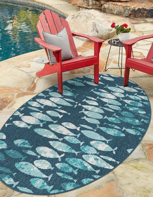 Blue 2' x 3' 1 Outdoor Coastal Oval Area Rug Weather Resistant for Patio, Deck, Terrace, Balcony, Porch 100% Polypropylene Coastal Decor Carpet for Sale at Rug Engine