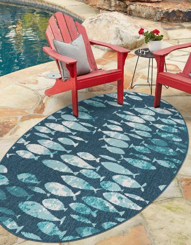 Blue 2' x 3' 1 Outdoor Coastal Oval Area Rug Weather Resistant for Patio, Deck, Terrace, Balcony, Porch 100% Polypropylene Coastal Decor Carpet for Sale at Rug Engine