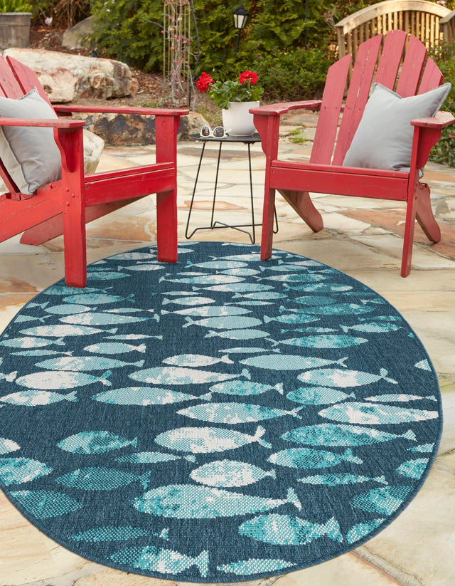 Blue 4' 1 x 6' 1 Outdoor Coastal Oval Area Rug Weather Resistant for Patio, Deck, Terrace, Balcony, Porch 100% Polypropylene Coastal Decor Carpet for Sale at Rug Engine
