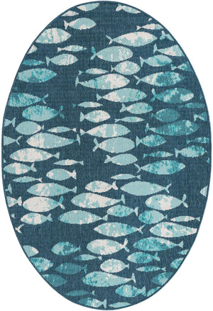 Blue 4' 1 x 6' 1 Outdoor Coastal Oval Area Rug Weather Resistant for Patio, Deck, Terrace, Balcony, Porch 100% Polypropylene Coastal Decor Carpet for Sale at Rug Engine