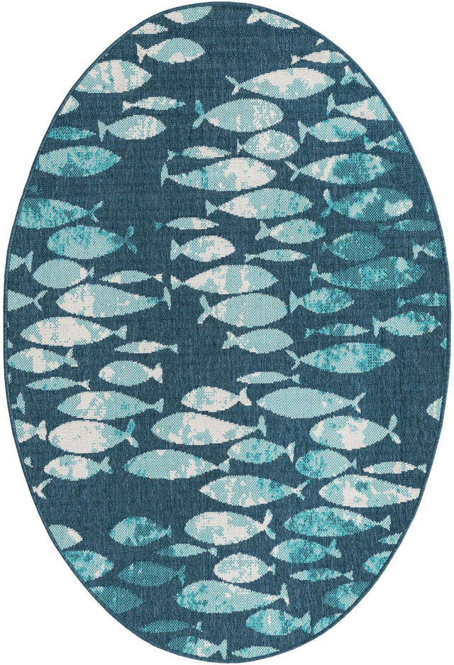 Blue 4' 1 x 6' 1 Outdoor Coastal Oval Area Rug Weather Resistant for Patio, Deck, Terrace, Balcony, Porch 100% Polypropylene Coastal Decor Carpet for Sale at Rug Engine