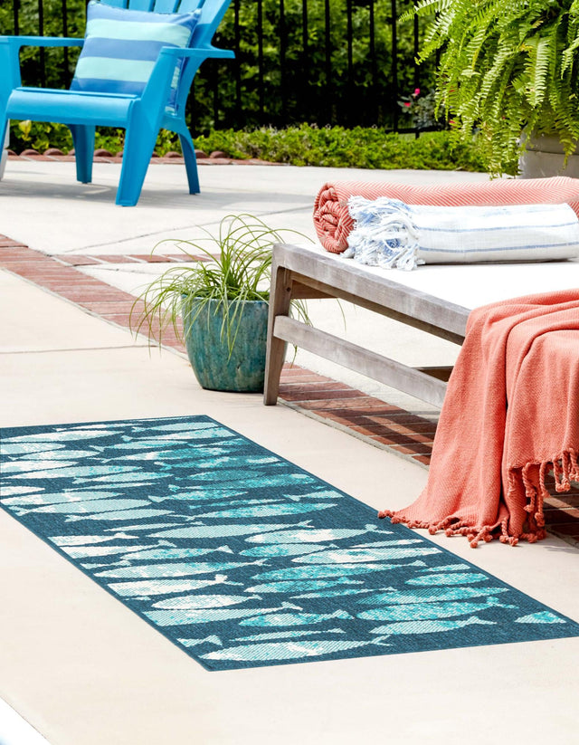 Blue 2' 7 x 10' Outdoor Coastal Runner Area Rug Weather Resistant for Patio, Deck, Terrace, Balcony, Porch 100% Polypropylene Coastal Decor Carpet for Sale at Rug Engine