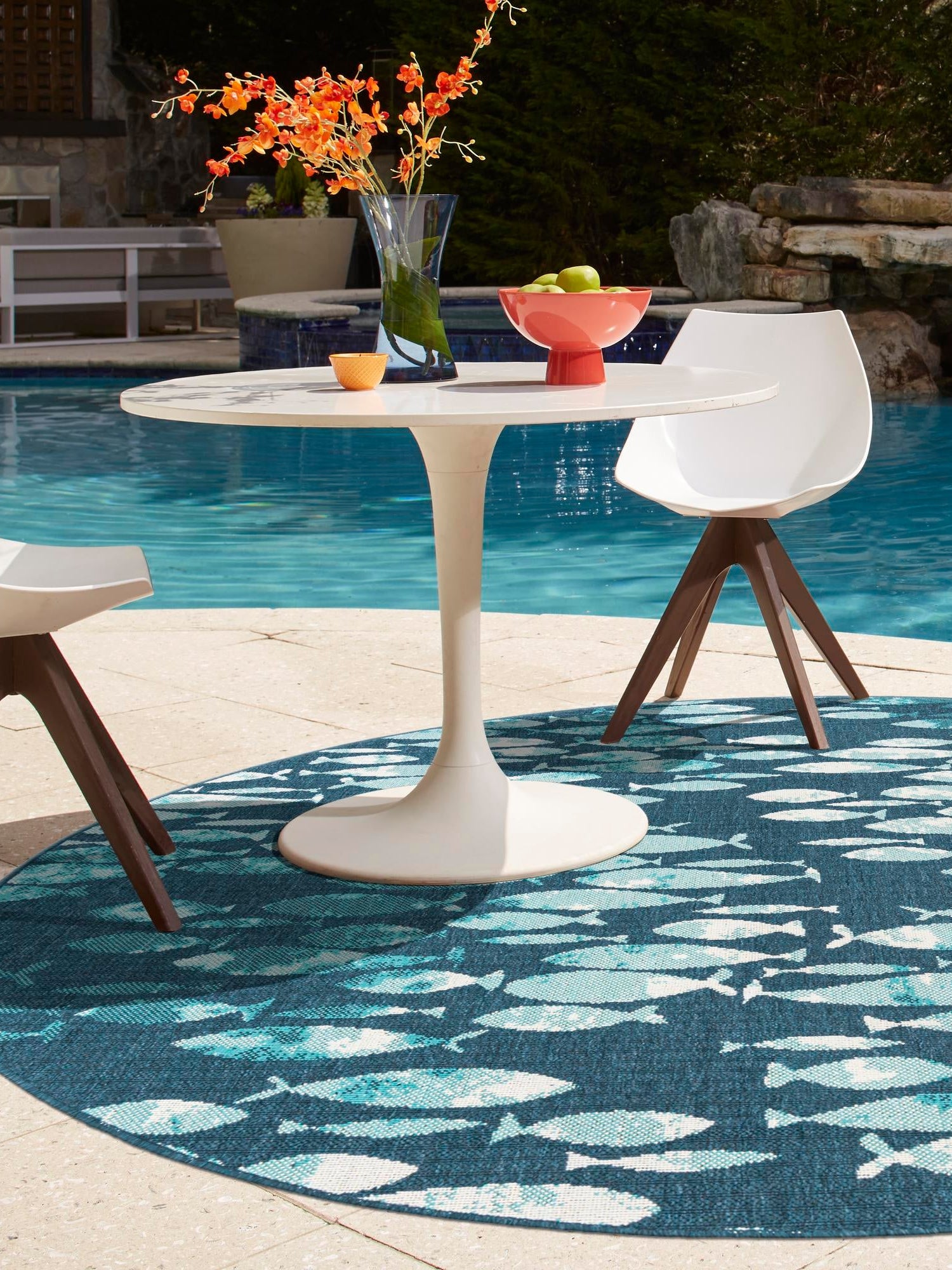 Blue 7' 1 x 7' 1 Outdoor Coastal Round Area Rug Weather Resistant for Patio, Deck, Terrace, Balcony, Porch 100% Polypropylene Coastal Decor Carpet for Sale at Rug Engine