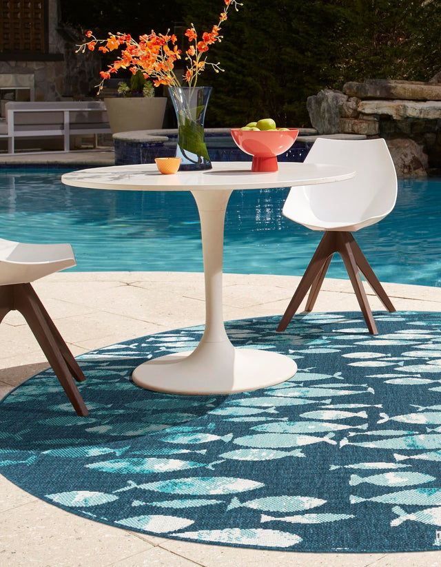 Blue 7' 1 x 7' 1 Outdoor Coastal Round Area Rug Weather Resistant for Patio, Deck, Terrace, Balcony, Porch 100% Polypropylene Coastal Decor Carpet for Sale at Rug Engine