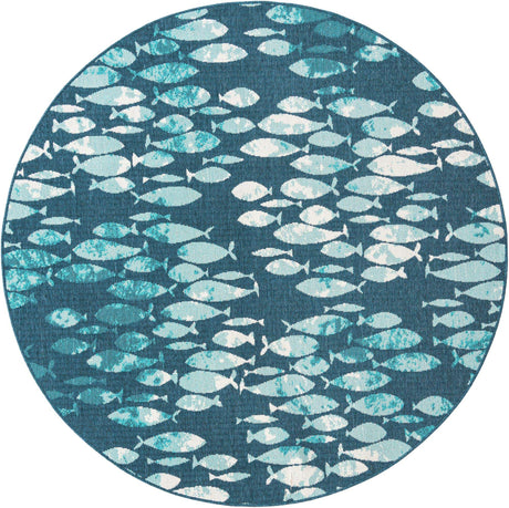 Blue 7' 1 x 7' 1 Outdoor Coastal Round Area Rug Weather Resistant for Patio, Deck, Terrace, Balcony, Porch 100% Polypropylene Coastal Decor Carpet for Sale at Rug Engine