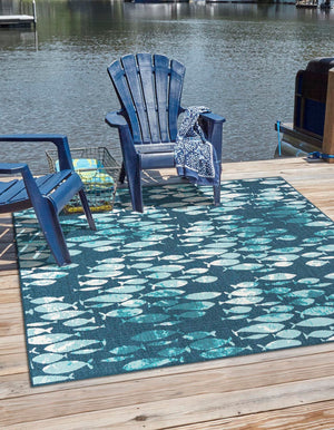 Blue 10' x 10' Outdoor Coastal Square Area Rug Weather Resistant for Patio, Deck, Terrace, Balcony, Porch 100% Polypropylene Coastal Decor Carpet for Sale at Rug Engine