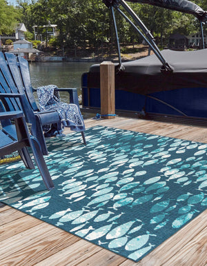 Blue 7' 10 x 7' 10 Outdoor Coastal Square Area Rug Weather Resistant for Patio, Deck, Terrace, Balcony, Porch 100% Polypropylene Coastal Decor Carpet for Sale at Rug Engine