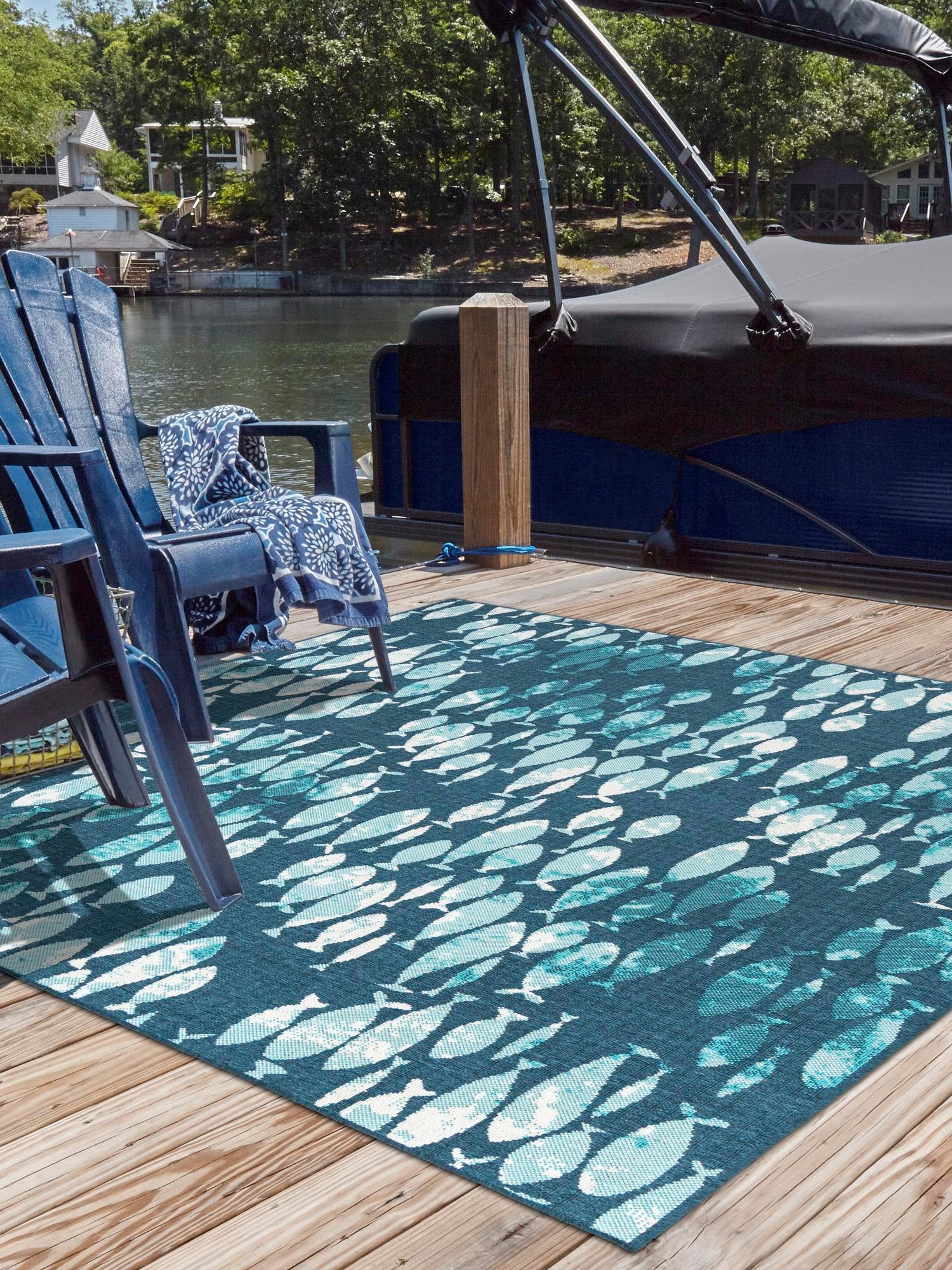 Blue 10' x 10' Outdoor Coastal Square Area Rug Weather Resistant for Patio, Deck, Terrace, Balcony, Porch 100% Polypropylene Coastal Decor Carpet for Sale at Rug Engine