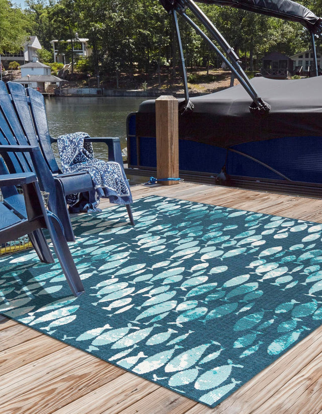 Blue 10' x 10' Outdoor Coastal Square Area Rug Weather Resistant for Patio, Deck, Terrace, Balcony, Porch 100% Polypropylene Coastal Decor Carpet for Sale at Rug Engine