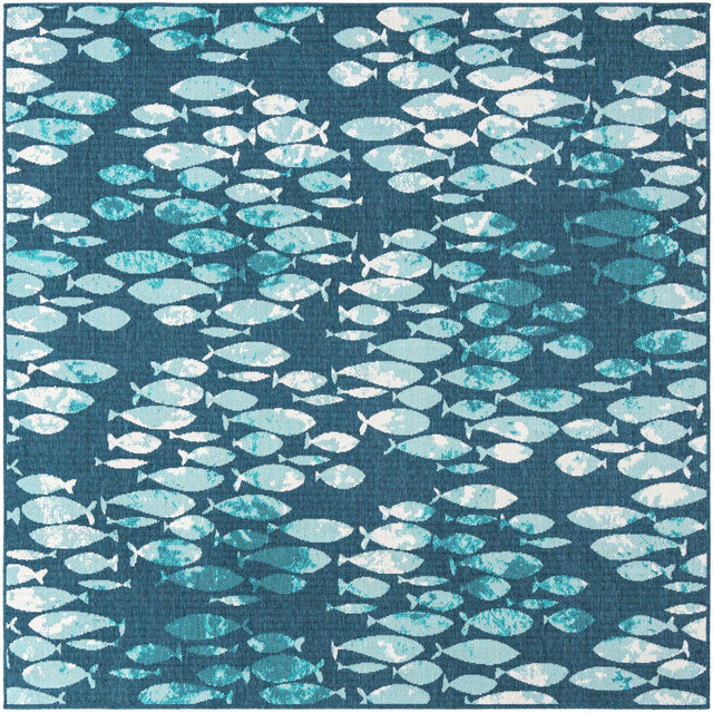 Blue 7' 10 x 7' 10 Outdoor Coastal Square Area Rug Weather Resistant for Patio, Deck, Terrace, Balcony, Porch 100% Polypropylene Coastal Decor Carpet for Sale at Rug Engine