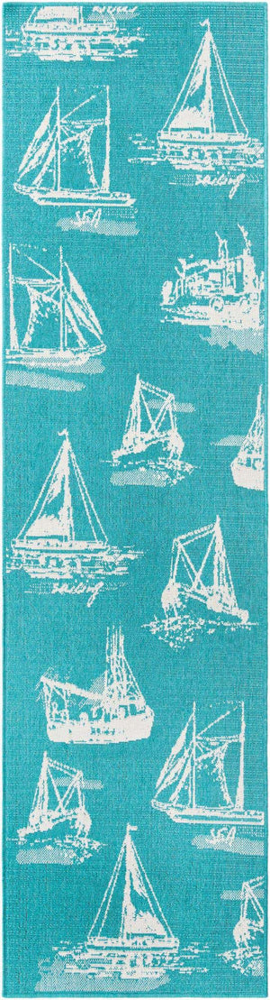 Teal 2' 7 x 10' Outdoor Coastal Runner Area Rug Weather Resistant for Patio, Deck, Terrace, Balcony, Porch 100% Polypropylene Coastal Decor Carpet for Sale at Rug Engine