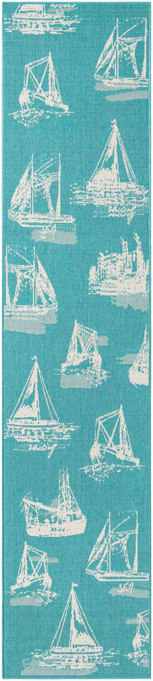 Teal 2' 7 x 12' Outdoor Coastal Runner Area Rug Weather Resistant for Patio, Deck, Terrace, Balcony, Porch 100% Polypropylene Coastal Decor Carpet for Sale at Rug Engine