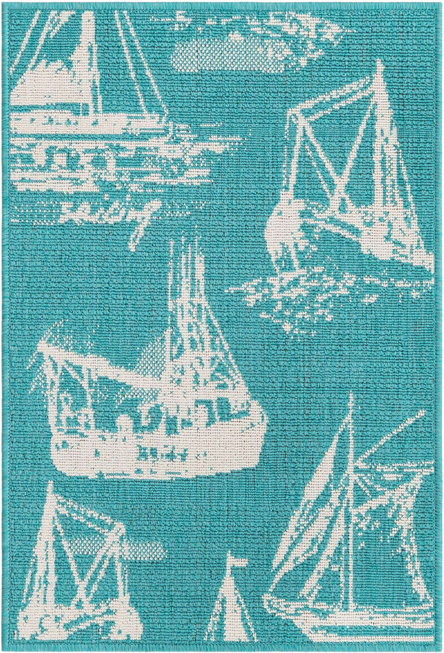 Teal 2' x 3' 1 Outdoor Coastal Rectangle Area Rug Weather Resistant for Patio, Deck, Terrace, Balcony, Porch 100% Polypropylene Coastal Decor Carpet for Sale at Rug Engine