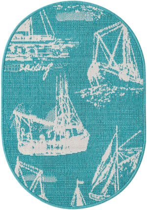Teal 2' x 3' 1 Outdoor Coastal Oval Area Rug Weather Resistant for Patio, Deck, Terrace, Balcony, Porch 100% Polypropylene Coastal Decor Carpet for Sale at Rug Engine