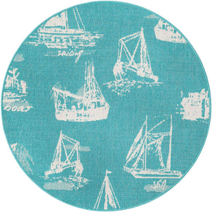Teal 4' 1 x 4' 1 Outdoor Coastal Round Area Rug Weather Resistant for Patio, Deck, Terrace, Balcony, Porch 100% Polypropylene Coastal Decor Carpet for Sale at Rug Engine