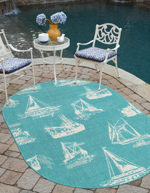 Teal 2' x 3' 1 Outdoor Coastal Oval Area Rug Weather Resistant for Patio, Deck, Terrace, Balcony, Porch 100% Polypropylene Coastal Decor Carpet for Sale at Rug Engine