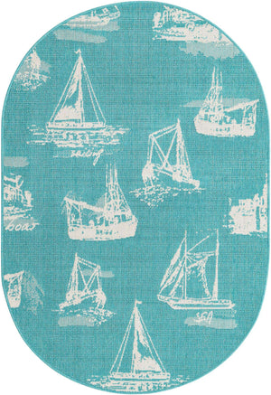 Teal 4' 1 x 6' 1 Outdoor Coastal Oval Area Rug Weather Resistant for Patio, Deck, Terrace, Balcony, Porch 100% Polypropylene Coastal Decor Carpet for Sale at Rug Engine