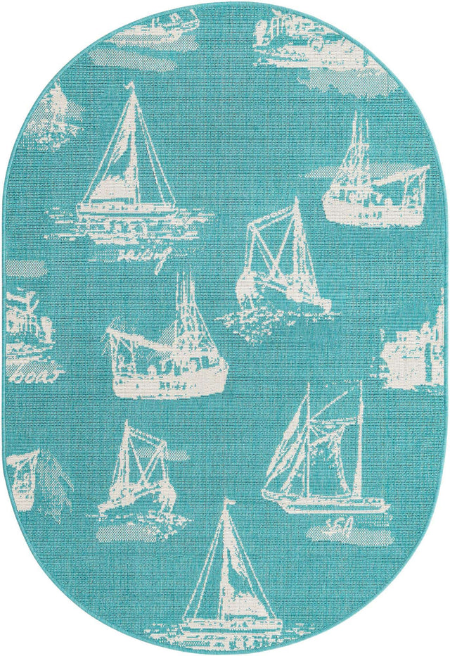 Teal 4' 1 x 6' 1 Outdoor Coastal Oval Area Rug Weather Resistant for Patio, Deck, Terrace, Balcony, Porch 100% Polypropylene Coastal Decor Carpet for Sale at Rug Engine