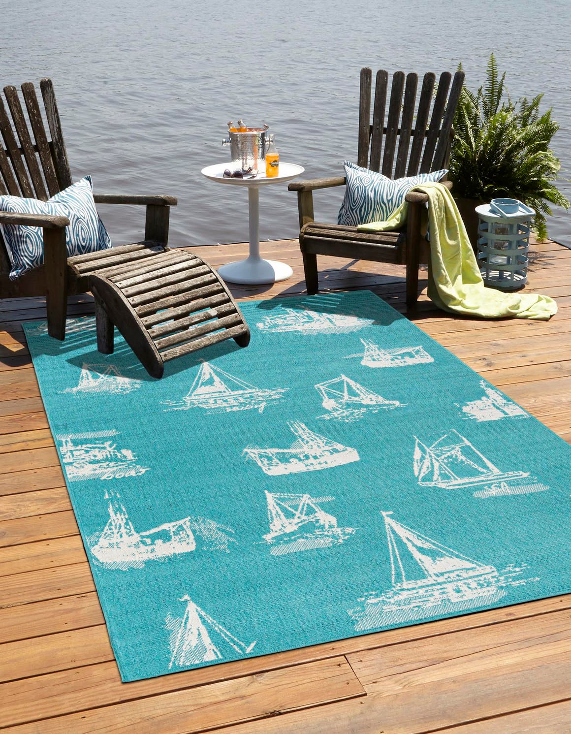 Teal 7' 10 x 10' Outdoor Coastal Rectangle Area Rug Weather Resistant for Patio, Deck, Terrace, Balcony, Porch 100% Polypropylene Coastal Decor Carpet for Sale at Rug Engine
