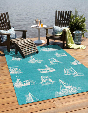 Teal 5' 3 x 8' Outdoor Coastal Rectangle Area Rug Weather Resistant for Patio, Deck, Terrace, Balcony, Porch 100% Polypropylene Coastal Decor Carpet for Sale at Rug Engine