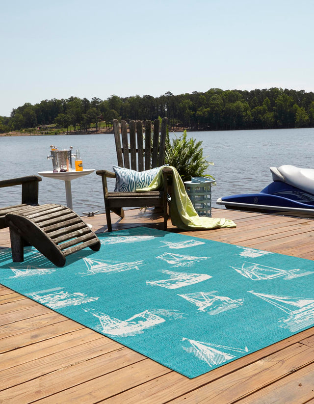 Teal 7' 10 x 10' Outdoor Coastal Rectangle Area Rug Weather Resistant for Patio, Deck, Terrace, Balcony, Porch 100% Polypropylene Coastal Decor Carpet for Sale at Rug Engine