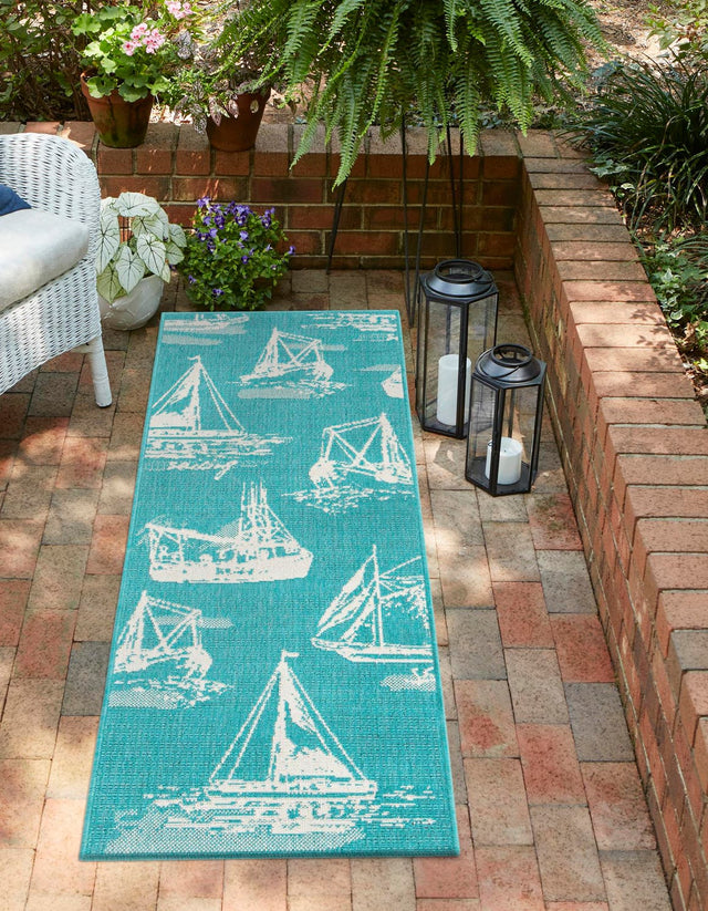 Teal 2' x 8' Outdoor Coastal Runner Area Rug Weather Resistant for Patio, Deck, Terrace, Balcony, Porch 100% Polypropylene Coastal Decor Carpet for Sale at Rug Engine