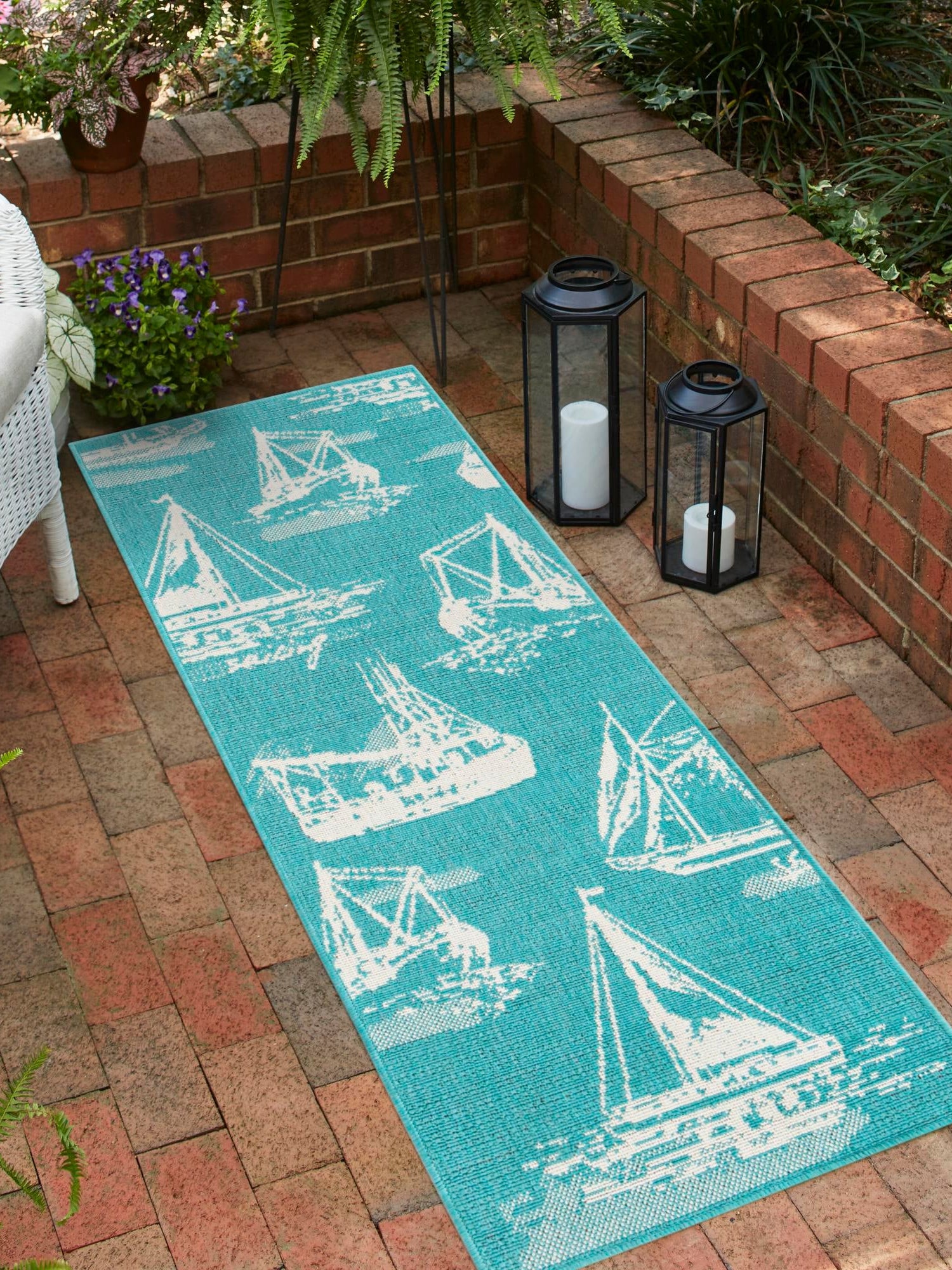 Teal 2' x 6' 1 Outdoor Coastal Runner Area Rug Weather Resistant for Patio, Deck, Terrace, Balcony, Porch 100% Polypropylene Coastal Decor Carpet for Sale at Rug Engine