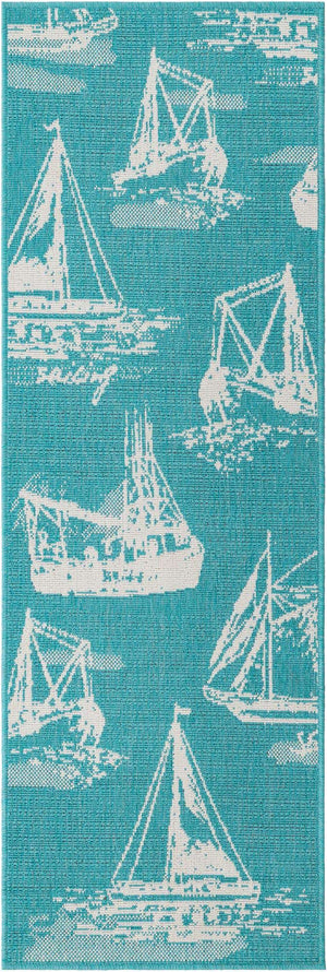 Teal 2' x 6' 1 Outdoor Coastal Runner Area Rug Weather Resistant for Patio, Deck, Terrace, Balcony, Porch 100% Polypropylene Coastal Decor Carpet for Sale at Rug Engine
