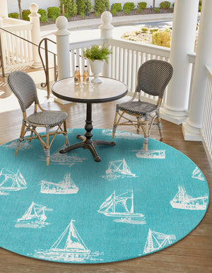 Teal 7' 1 x 7' 1 Outdoor Coastal Round Area Rug Weather Resistant for Patio, Deck, Terrace, Balcony, Porch 100% Polypropylene Coastal Decor Carpet for Sale at Rug Engine