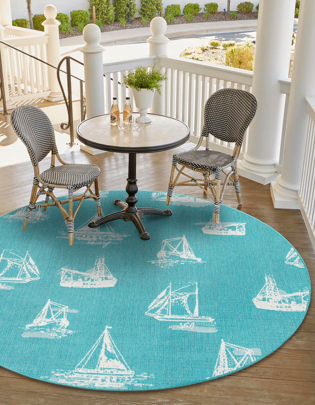 Teal 7' 1 x 7' 1 Outdoor Coastal Round Area Rug Weather Resistant for Patio, Deck, Terrace, Balcony, Porch 100% Polypropylene Coastal Decor Carpet for Sale at Rug Engine
