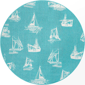 Teal 7' 1 x 7' 1 Outdoor Coastal Round Area Rug Weather Resistant for Patio, Deck, Terrace, Balcony, Porch 100% Polypropylene Coastal Decor Carpet for Sale at Rug Engine