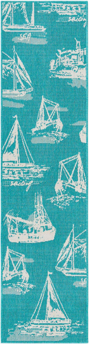 Teal 2' x 8' Outdoor Coastal Runner Area Rug Weather Resistant for Patio, Deck, Terrace, Balcony, Porch 100% Polypropylene Coastal Decor Carpet for Sale at Rug Engine