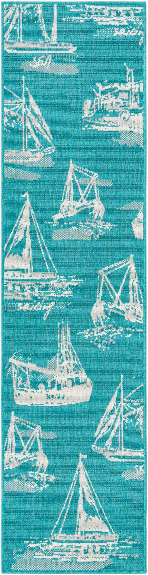 Teal 2' x 8' Outdoor Coastal Runner Area Rug Weather Resistant for Patio, Deck, Terrace, Balcony, Porch 100% Polypropylene Coastal Decor Carpet for Sale at Rug Engine