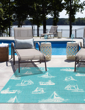 Teal 10' x 10' Outdoor Coastal Square Area Rug Weather Resistant for Patio, Deck, Terrace, Balcony, Porch 100% Polypropylene Coastal Decor Carpet for Sale at Rug Engine