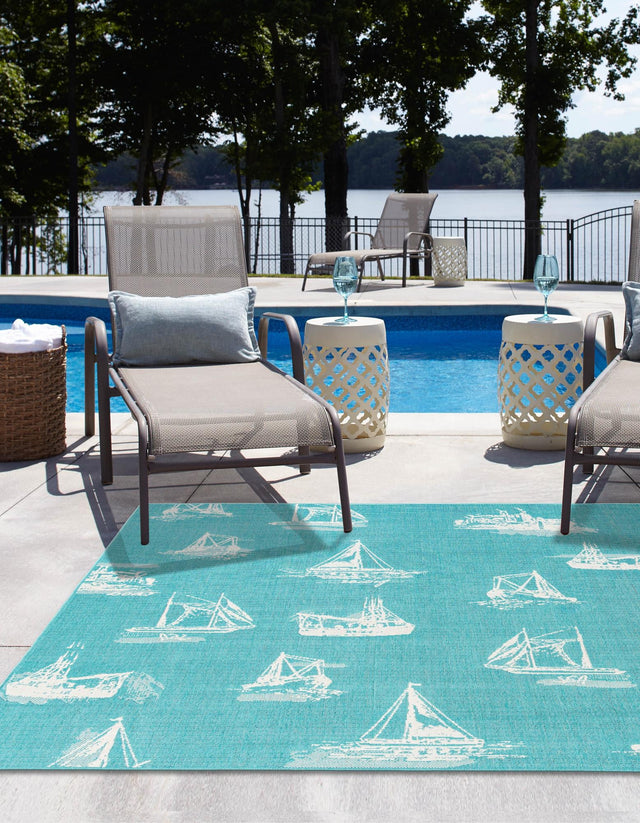 Teal 10' x 10' Outdoor Coastal Square Area Rug Weather Resistant for Patio, Deck, Terrace, Balcony, Porch 100% Polypropylene Coastal Decor Carpet for Sale at Rug Engine