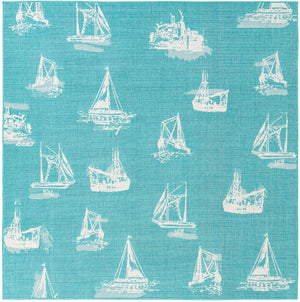 Teal 7' 10 x 7' 10 Outdoor Coastal Square Area Rug Weather Resistant for Patio, Deck, Terrace, Balcony, Porch 100% Polypropylene Coastal Decor Carpet for Sale at Rug Engine