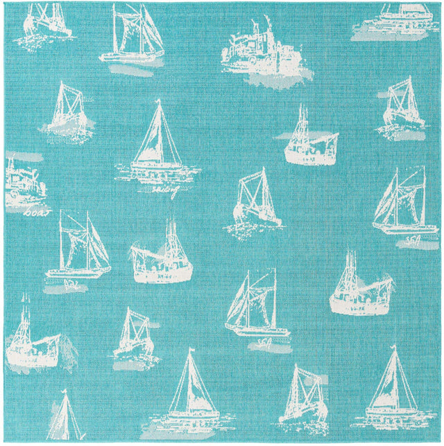 Teal 7' 10 x 7' 10 Outdoor Coastal Square Area Rug Weather Resistant for Patio, Deck, Terrace, Balcony, Porch 100% Polypropylene Coastal Decor Carpet for Sale at Rug Engine