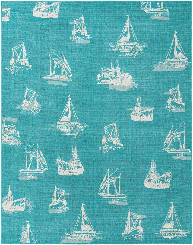 Teal 7' 10 x 10' Outdoor Coastal Rectangle Area Rug Weather Resistant for Patio, Deck, Terrace, Balcony, Porch 100% Polypropylene Coastal Decor Carpet for Sale at Rug Engine