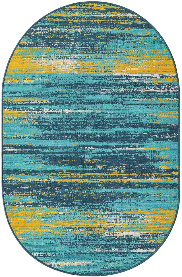 Multicolor.Blue 4' 1 x 6' 1 Outdoor Coastal Oval Area Rug Weather Resistant for Patio, Deck, Terrace, Balcony, Porch 100% Polypropylene Coastal Decor Carpet for Sale at Rug Engine