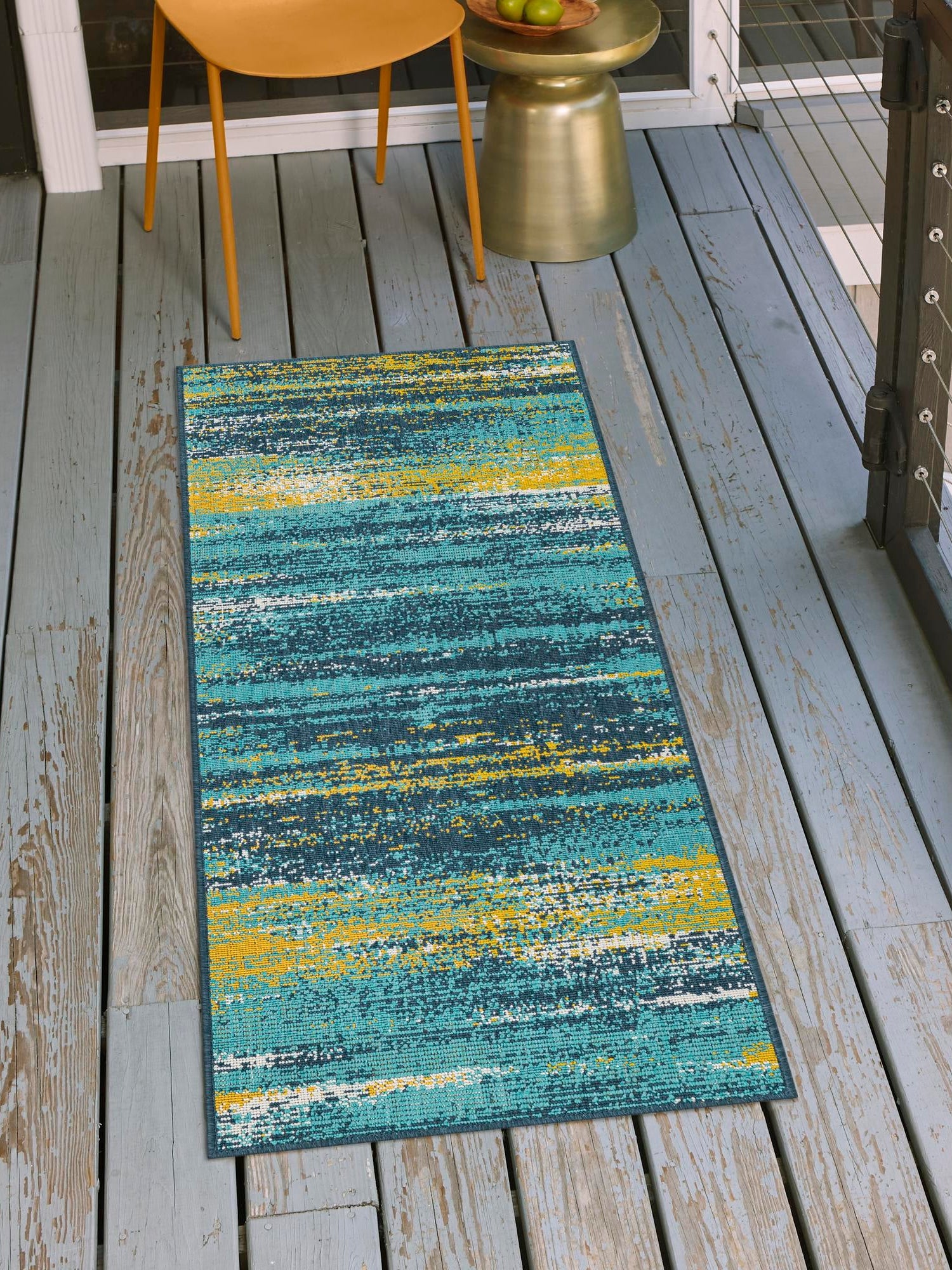 Multicolor.Blue 2' 7 x 12' Outdoor Coastal Runner Area Rug Weather Resistant for Patio, Deck, Terrace, Balcony, Porch 100% Polypropylene Coastal Decor Carpet for Sale at Rug Engine
