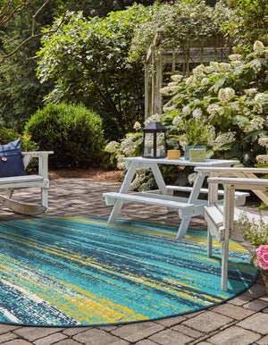 Multicolor.Blue 7' 1 x 7' 1 Outdoor Coastal Round Area Rug Weather Resistant for Patio, Deck, Terrace, Balcony, Porch 100% Polypropylene Coastal Decor Carpet for Sale at Rug Engine