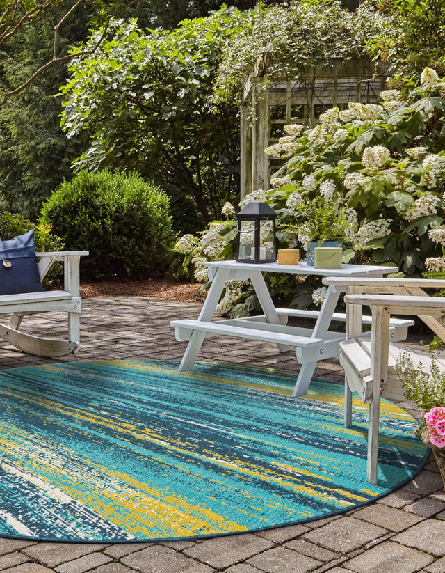 Multicolor.Blue 7' 1 x 7' 1 Outdoor Coastal Round Area Rug Weather Resistant for Patio, Deck, Terrace, Balcony, Porch 100% Polypropylene Coastal Decor Carpet for Sale at Rug Engine