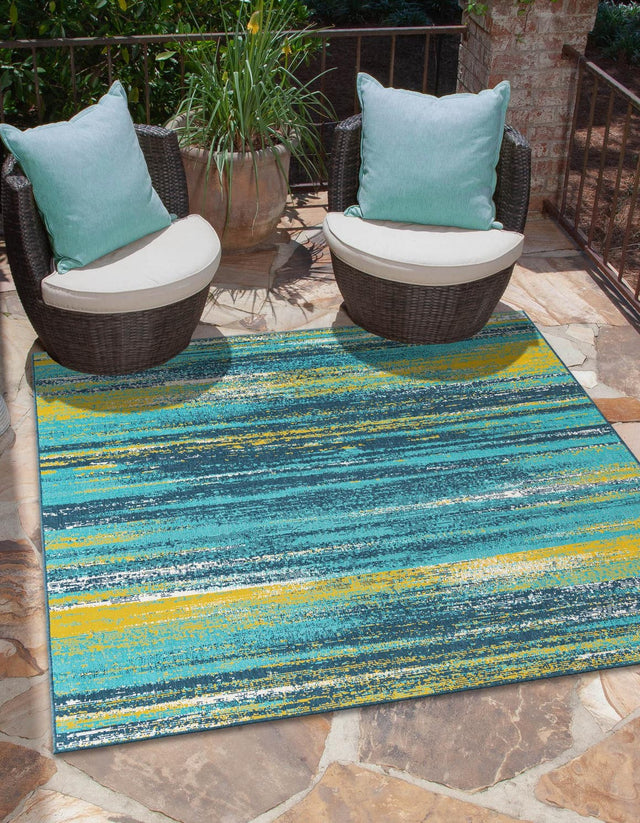 Multicolor.Blue 7' 10 x 7' 10 Outdoor Coastal Square Area Rug Weather Resistant for Patio, Deck, Terrace, Balcony, Porch 100% Polypropylene Coastal Decor Carpet for Sale at Rug Engine
